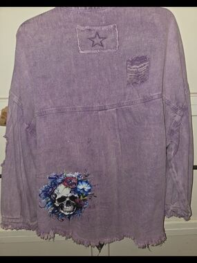 POL Purple Distressed Jean Jacket with Floral Skull SzM Runs Oversized